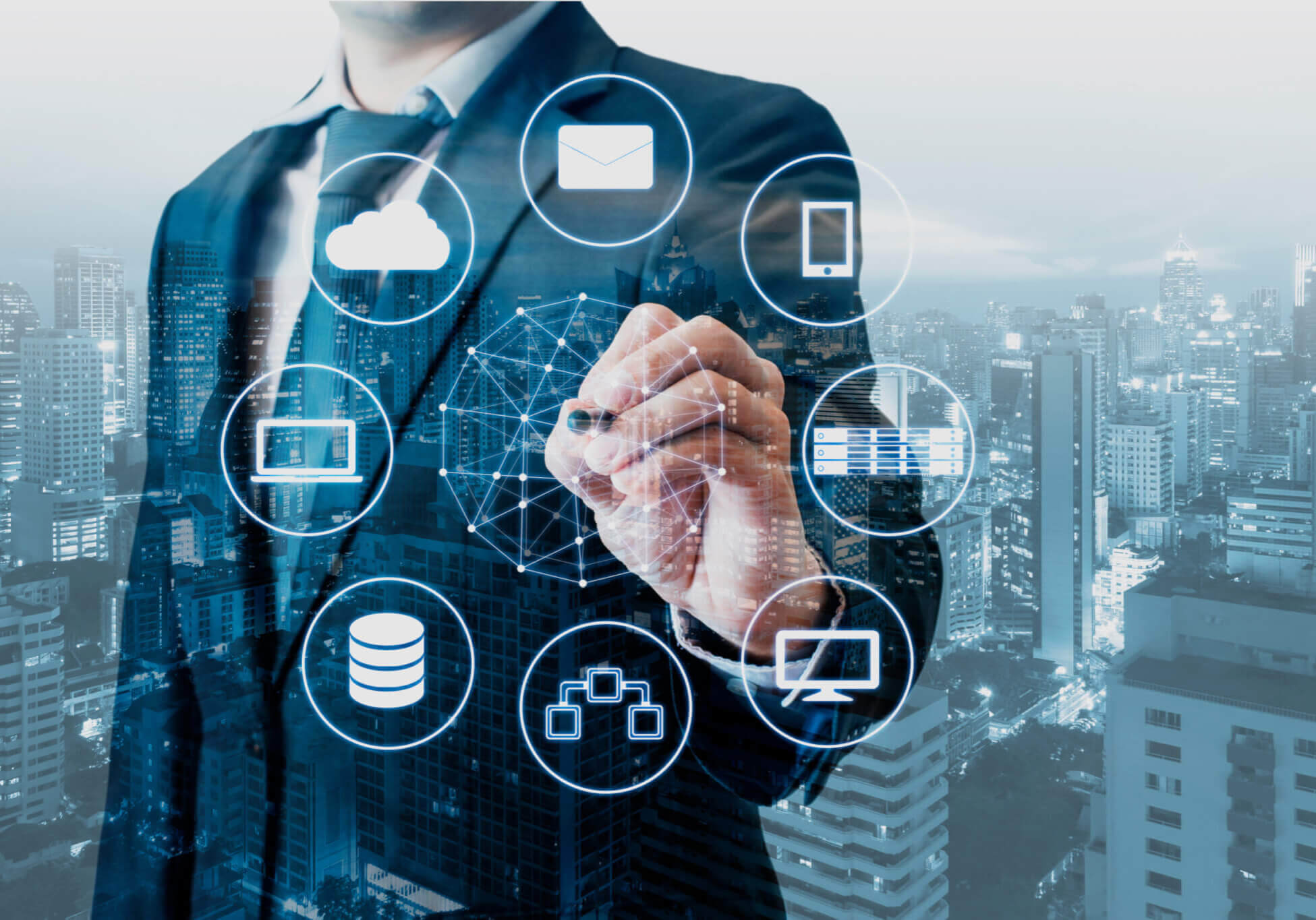 Double exposure of professional businessman connected devices with world digital technology internet and wireless network on touch screen and city of business background in business and technology concept